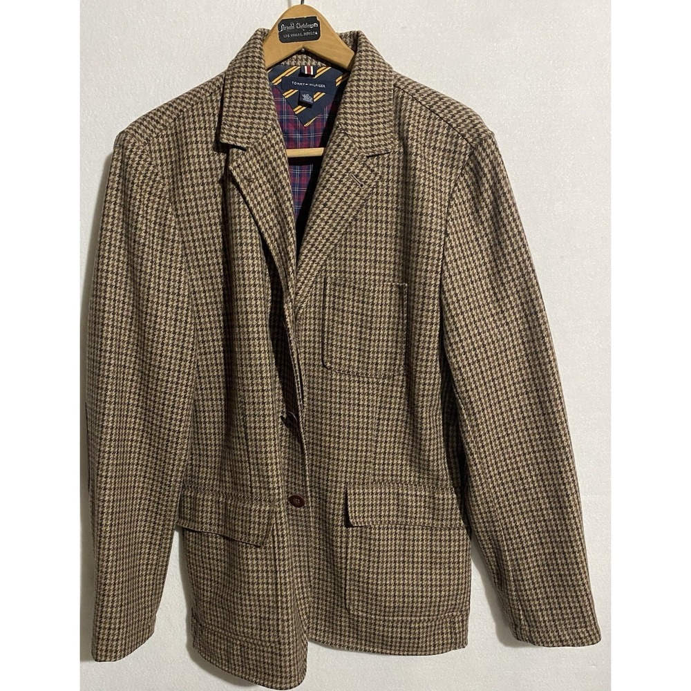 Tommy Hilfiger Designer Wool Blend Plaid Blazer Mens Size Large Business Formal